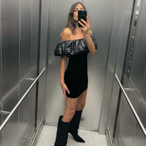 ZARA Off-Shoulder Velvet + Sequin Mini Dress 🖤✨ NWT - Picture 9 of 16